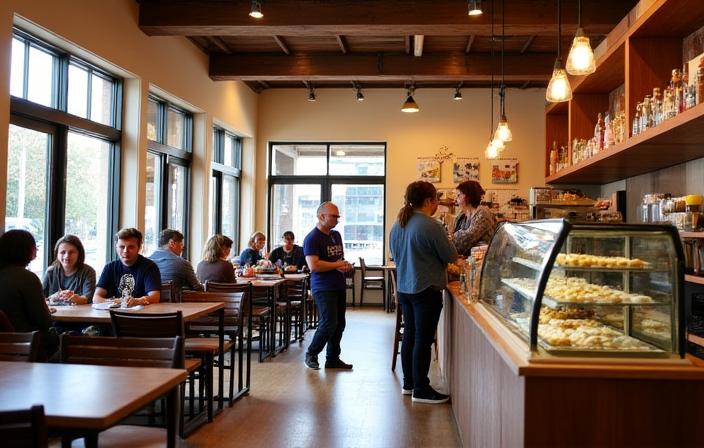 Interior of Penny & Thyme Bakehouse with cozy seating and display of baked goods